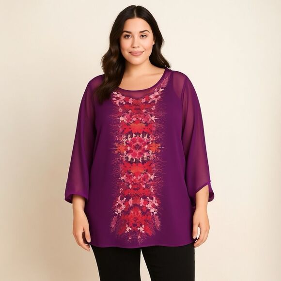 Y2K Boho Sheer Tunic in Vivid Purple Floral Vibe - Picture 1 of 12